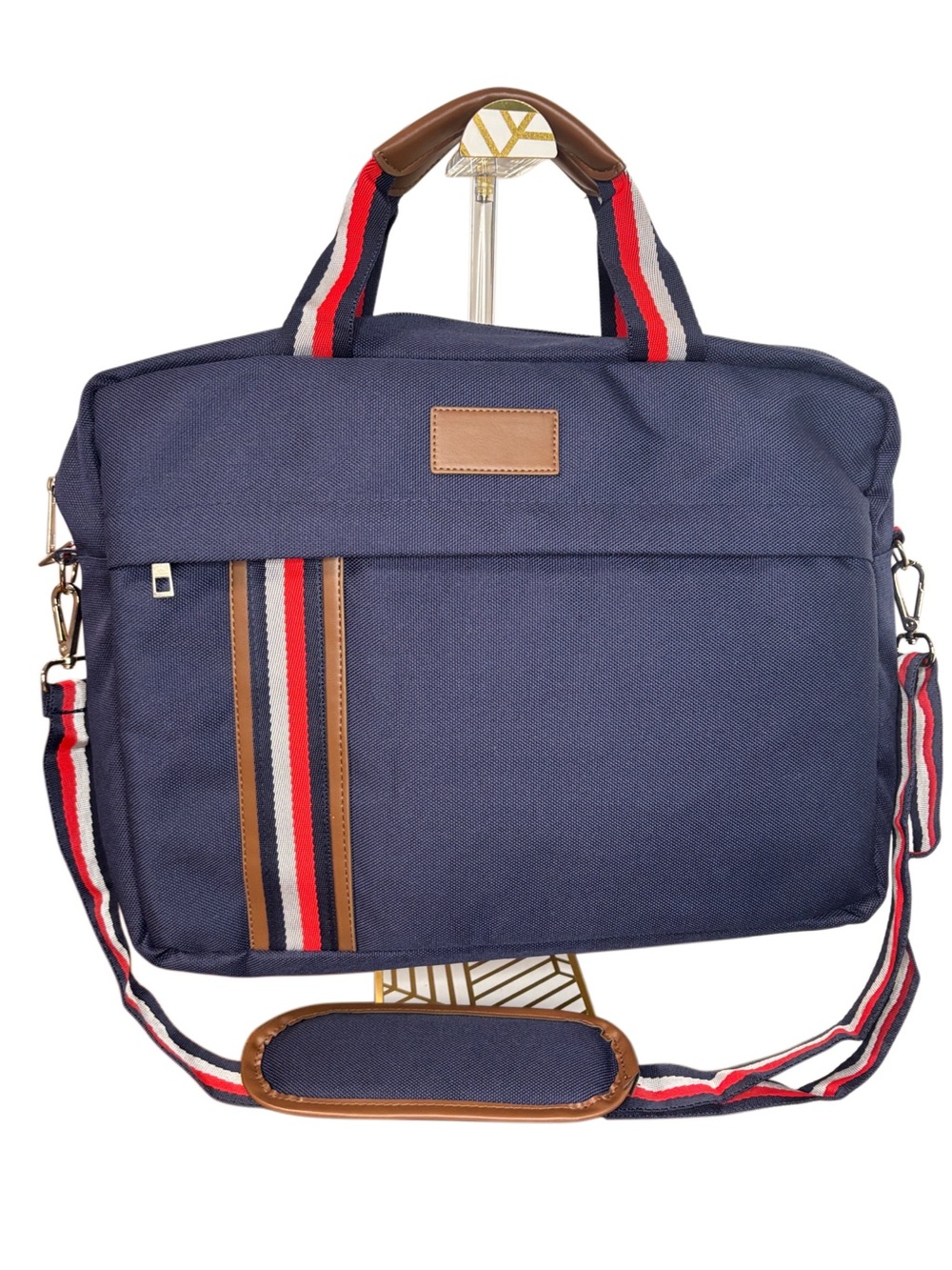 Navy Canvas Laptop Briefcase with Red-White-Blue Accent Strap NWT